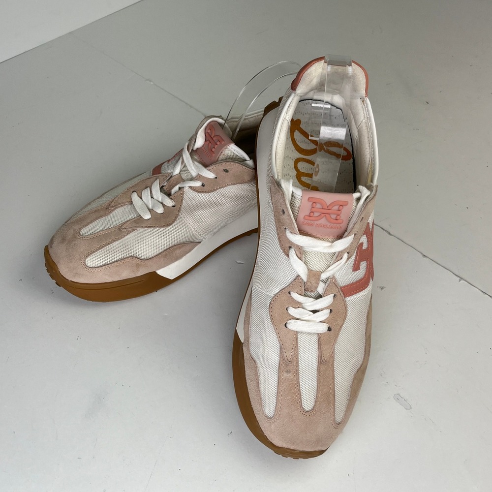 Sam Edelman Langley 3 Sneakers Womens 11M Cream Tan Coral Pink Mesh Suede Logo - Picture 13 of 16